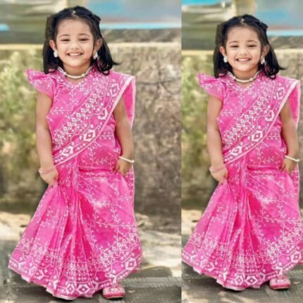 হাফ সিল্ক সুতি হ্যান্ড প্রিন্ট বেবি রেডি শাড়ি