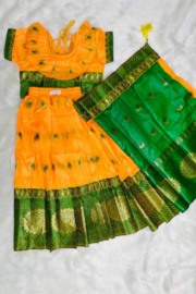 হলুদ-বডি সবুজ পাড় কাতান বেবি রেডি শাড়ি | সবুজ ও গোল্ডেন সুতার কাজ | হাই কোয়ালিটি কাতান |