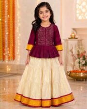 Cream White Lama Silk Skirt for Girls | Elegant Traditional Party Wear Dress