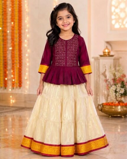 Cream White Lama Silk Skirt for Girls | Elegant Traditional Party Wear Dress